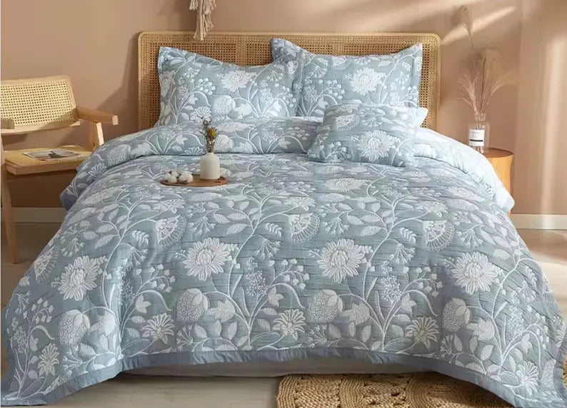 Blue and White Jacquard Bedding- Queen 3 piece set
