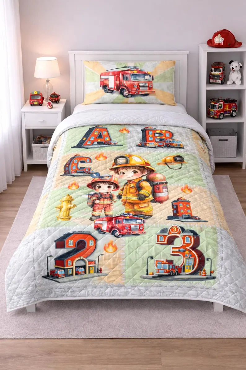 Fireman/Firehouse -Twin Size 2 Piece Quilt Set