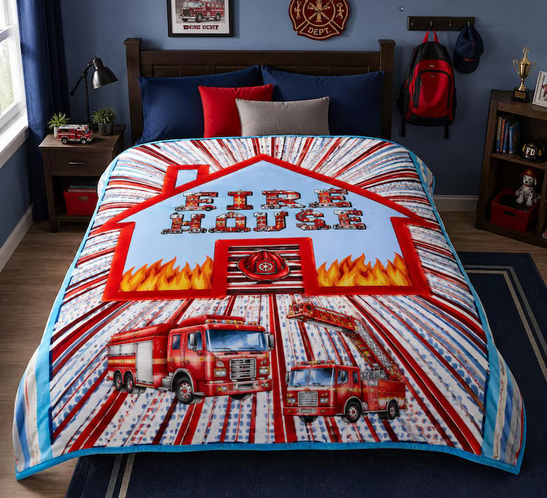 Fireman/Firehouse blanket - Minky Flannel Fleece 78 x 90 inches