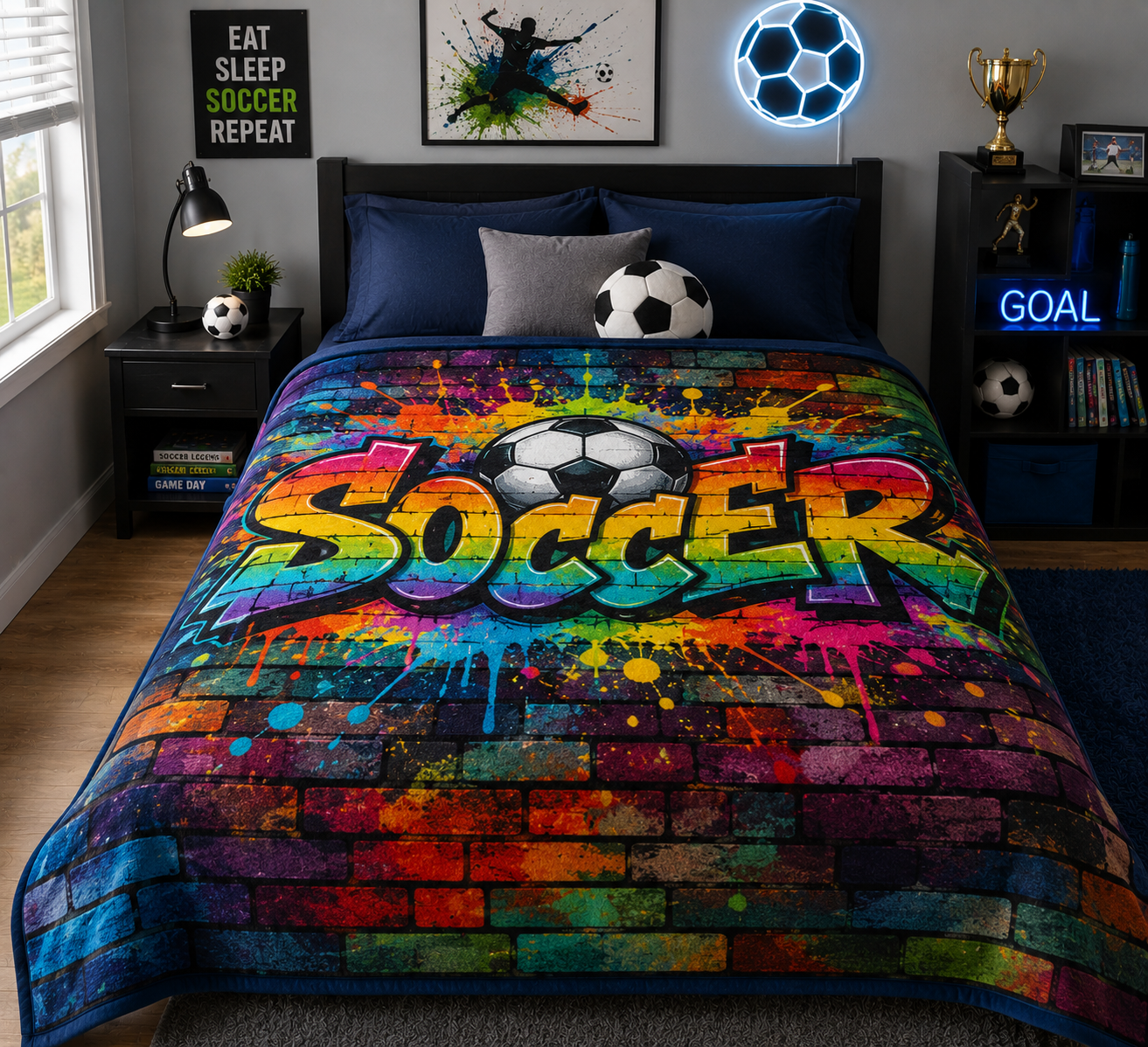 Soccer Graffiti blanket - Minky Flannel Fleece 78 x 90 inches
